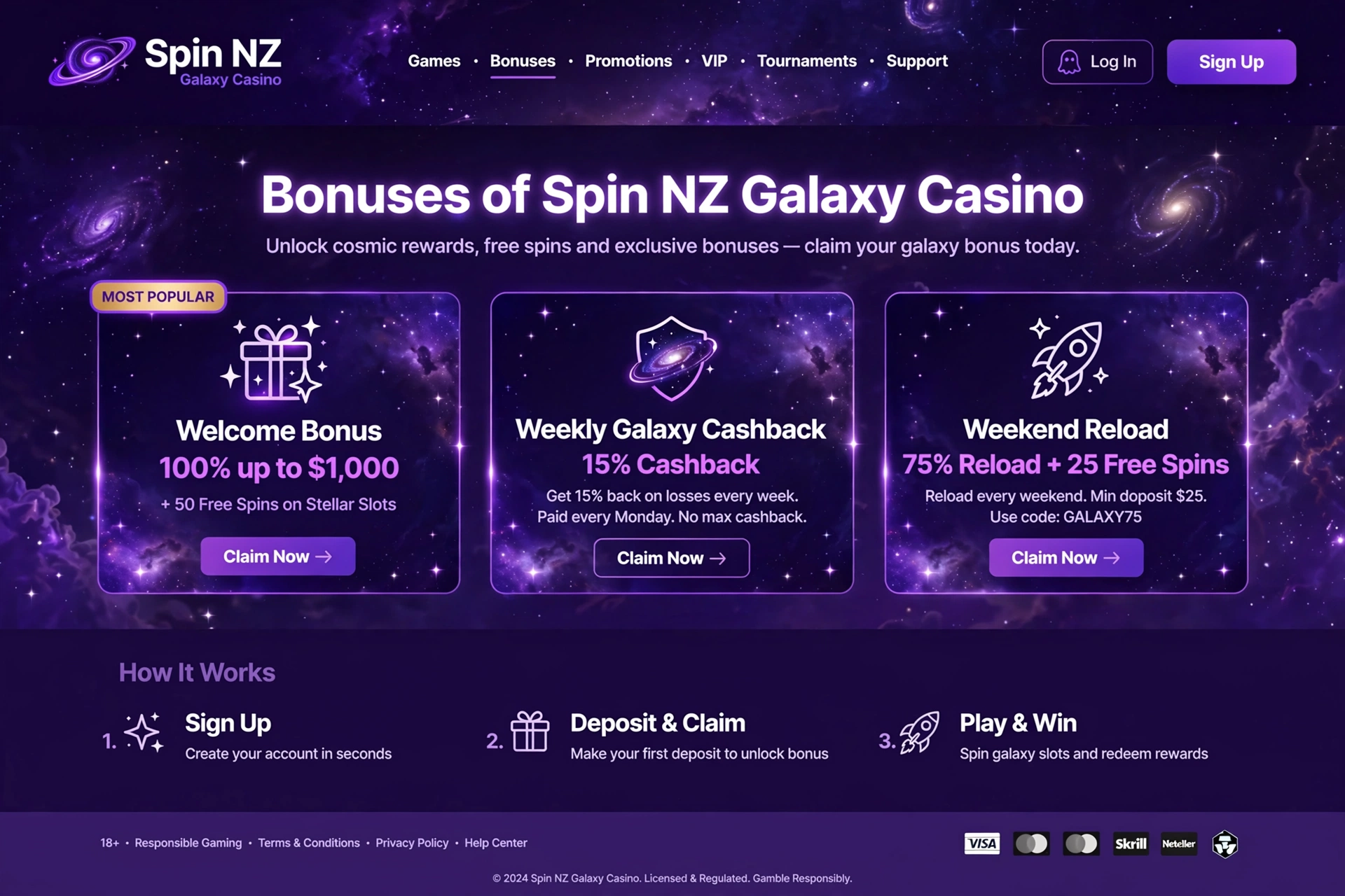 bonuses of spin nz galaxy casino - guide to offers & free spins